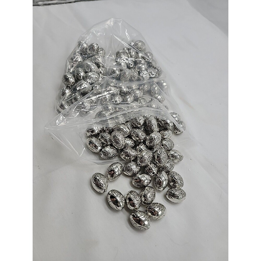 Egg-shape bead for Jewelry Making Oval Flower Antique Silver Plastic 130 pieces
